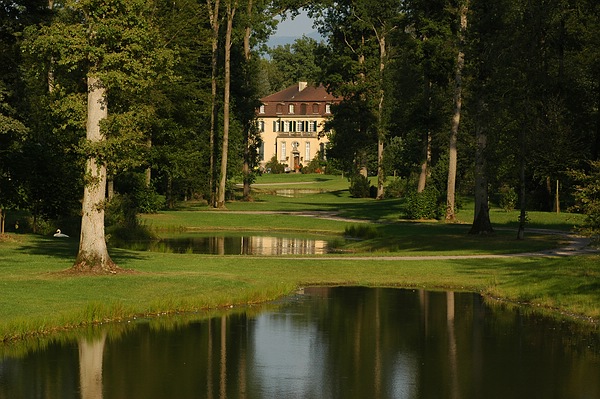 Baum-Tunnel mit Sichtachse und Licht-Höfen über das Wasser zum Schloss. Über dem Schloss ist der Himmel geöffnet