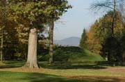 Parkschöpfung im Bilderrahmen: Der kleine und der große Kaiserstuhl und eine alte Eiche im Queen-Auguste-Victoria-Park