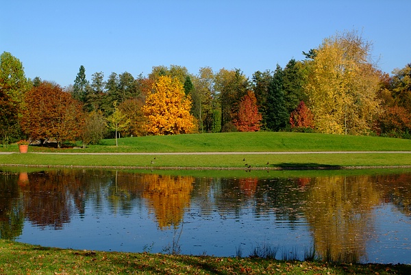 Blauer Schlossteich im Herbstlicht des Queen-Auguste-Victoria-Park